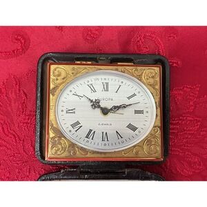 Vintage Europa 2 Jewels Travel Alarm Clock Gold Tone Roman Numerals Black Case